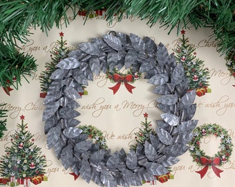 Vintage Galvanized Metal Wreath, Small Zinc Leaf Wall Decor, Rustic Farmhouse Botanical Wreath, Christmas Decoration