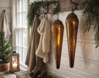 Vintage ornamenten van barnsteenglas, grote handgeblazen kerstdruppels, hangend decor 31 cm, uniek rustiek vakantiedecoratiepaar