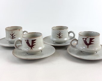 Juego de tazas de café espresso vintage de cerámica con motivos de pájaros y árboles, años 60, Studio Pottery, tazas y platillos de cerámica hechos a mano (4)