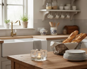 Vintage Georgshütte Glas Stövchen | 1970er Jahre Brutalist Stil Kristall Teelichthalter | Mid-Century Modern Skandinavischen Glas Dekor