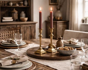 Conjunto de dois castiçais vintage em latão, estilo georgiano, decoração de meados do século XX para casas de campo, chalés ou interiores tradicionais.