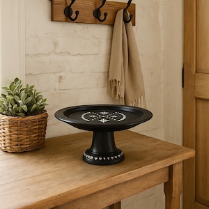 Vintage Wooden Pedestal with Mother of Pearl Inlay – Handcrafted Ebonized Cake Stand, Fruit Bowl, Decorative Display (27x12 cm)