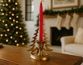 Vintage Brass Christmas Tree Candle Holder – Mid Century Holiday Decor – Festive Mantel Accent – Rare Retro Brass Home Styling Piece