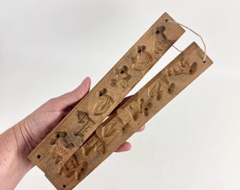 Vintage Dutch Wooden Marzipan Mold, Hand Carved Folk Art Sugar Candy Mold with Animal & Church Motifs
