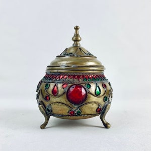 Moroccan Enamel and Brass Jewelry Box with Glass Accents