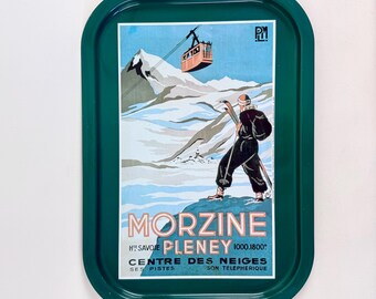 Vintage Morzine Ski Resort Metal Serving Tray – French Alpine Travel Poster Reproduction – Retro Ski Lodge Home Decor