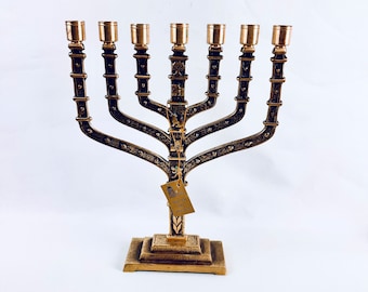 Vintage Brass Menorah by Chen Holon - Handcrafted 7-Arm Hanukkah Candle Holder with 12 Tribes of Israel Symbols - Perfect Gift!