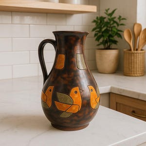 Könnte beinhalten: Eine braune Keramikkanne mit einer breiten Öffnung und einem Henkel. Die Kanne ist mit einem geometrischen Muster und drei stilisierten orangefarbenen Vögeln verziert.