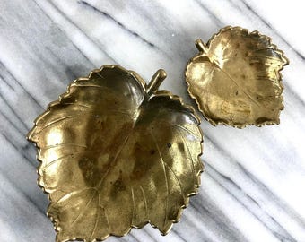 Pair of Vintage Brass Leaf Dishes – Mid Century Decorative Catchall Trays for Keys, Jewelry, or Home Decor