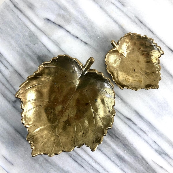 Pair of Vintage Brass Leaf Dishes – Mid Century Decorative Catchall Trays for Keys, Jewelry, or Home Decor
