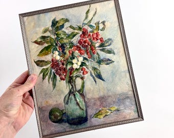 Vintage Original Aquarell Gemälde im dänischen Messingrahmen, Blumen Stillleben, skandinavische Dekoration