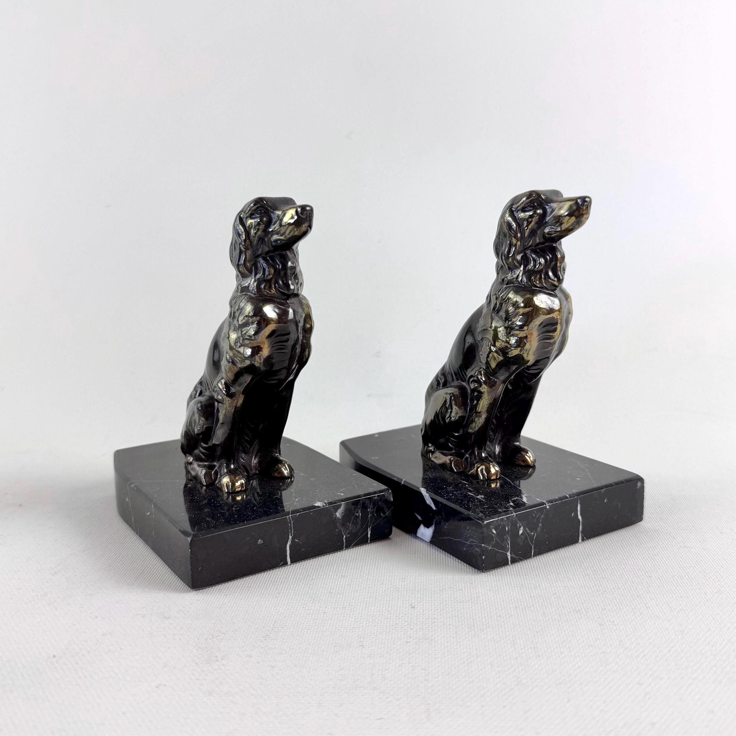 Vintage Dog Bookends Set with Black Marble Base – Spaniel Figurines – Mid Century Office Decor – Classic Home Library Book Holders