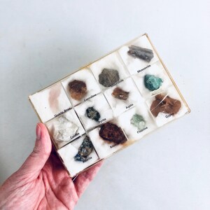 May include: A collection of various minerals and gemstones displayed in a clear plastic case. The case contains specimens labeled Quartz Rose, Calcite, Azurite, Pyrite, and others. The minerals are in a variety of colors, including brown, green, and white.