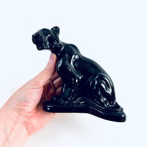 Vintage Black Panther Figurine – Signed Handcrafted Resin/Stone Growling Panther Statue, Mid-Century Animal Sculpture Home Decor