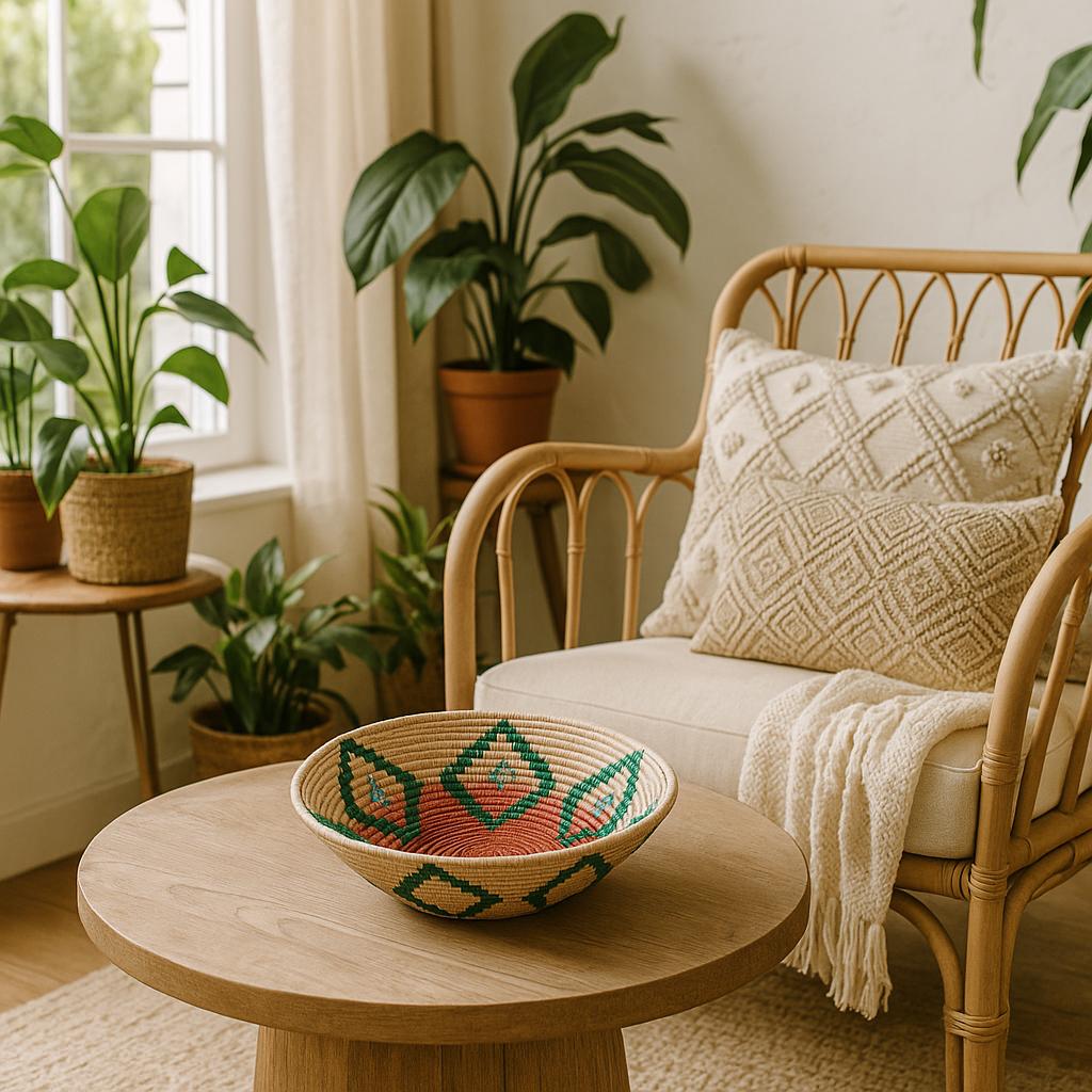 幾何学模様のヴィンテージ手編みバスケット - 天然繊維のボヘミアン風