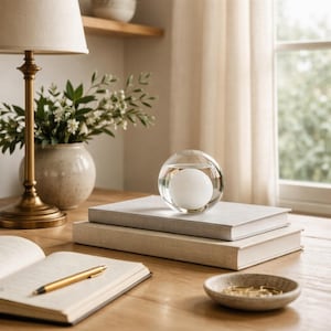 Puede incluir: Una serena escena de escritorio presenta un globo de cristal transparente con una esfera blanca en su interior, apoyado sobre dos libros apilados. Una lámpara dorada, un jarrón con vegetación y un cuaderno abierto con un bolígrafo dorado completan la composición. El entorno está bañado de luz natural.