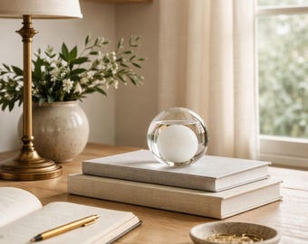 Peso de papel esférico de vidro transparente vintage, decoração em formato de esfera com acabamento manual, estilo meados do século XX, para mesa ou prateleira.