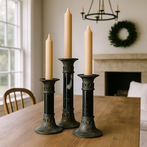 Set di 3 portacandele in bronzo e marmo gotici vintage - Candelieri antichi, decorazioni Dark Academia, accenti per la casa in stile gotico vittoriano immagine 1