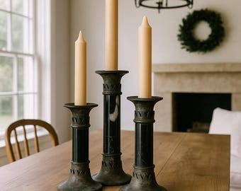 Vintage Gothic Bronze & Marble Candle Holders Set of 3 – Antique Candlesticks, Dark Academia Decor, Victorian Gothic Home Accent