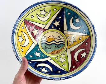 Vintage marokkanische Keramik Servierschüssel, handgemachte Safi Keramik, große handbemalte Couscous Schüssel, mediterrane Wohnkultur