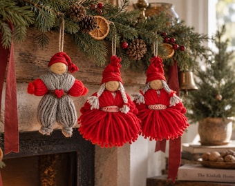 Handmade Scandinavian Yarn Christmas Ornaments – Set of 3 Nordic Folk Art Figures, Vintage Rustic Holiday Decor