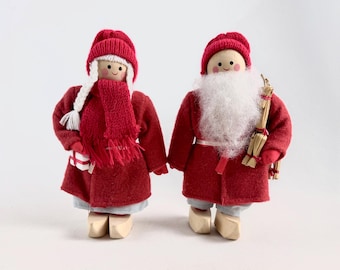 Vintage Scandinavian Tomte Pair with Julbock, Wooden Christmas Folk Art Figures