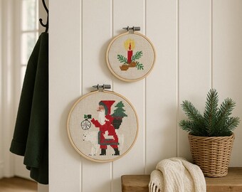 Vintage Christmas Cross-Stitch Wall Art Set – Santa & Candle Embroidery in Wooden Hoops, Rustic Holiday Home Decor, Handmade Needlework