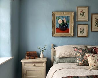 Vintage Impasto Ölgemälde in Geschnitztem Holzrahmen, Strukturierte Blumen Stillleben Wandkunst in Kräftigen Roten und Blauen Farben