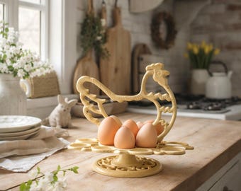 Suporte para ovos de galinha vintage em ferro fundido, estilo fazenda creme, organizador de cozinha rústico, decoração para casa de campo.
