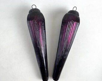 Vintage Dark Purple Glass Icicle Ornaments Set of 2, Ribbed Gothic Christmas Decor, 1990s Holiday Home Accent