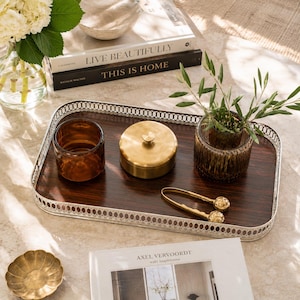 Vintage Italian Faux Rosewood Serving Tray, Silver Gallery Bar Tray, Hollywood Regency Coffee Table Decor