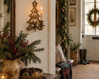 Vintage Brass Christmas Tree Wall Candle Holder, Festive Candle Sconce, Holiday Wall Decor