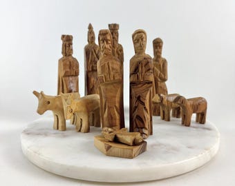 Vintage Hand Carved Wooden Nativity Set, Primitive Folk Art Christmas Crèche