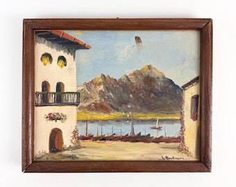Pintura a óleo vintage do Mediterrâneo, assinada por L. Hartman, cena de porto costeiro, arte de parede emoldurada de meados do século XX, paisagem europeia.