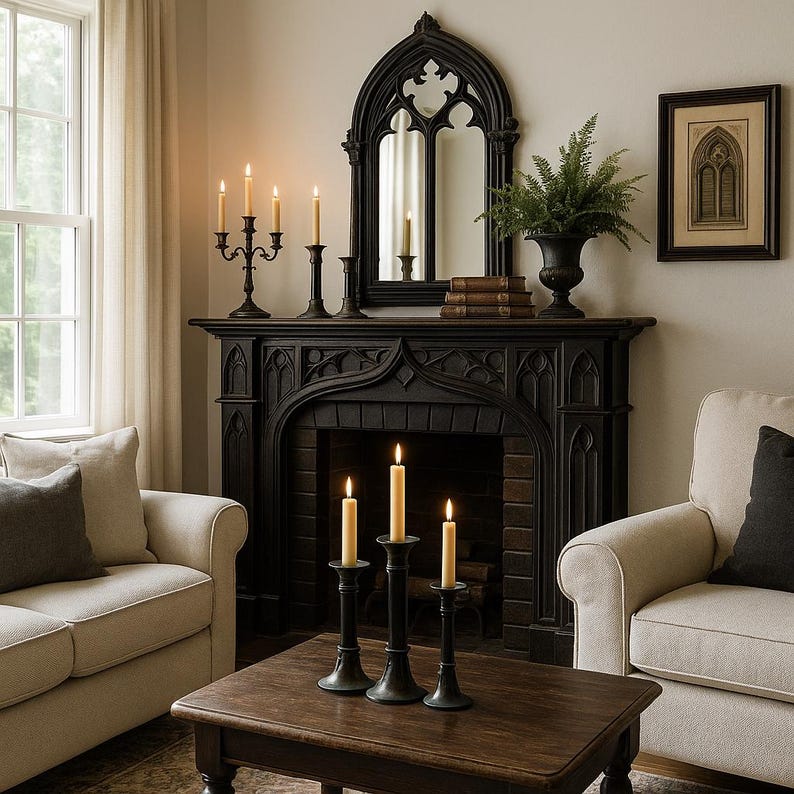 Set di 3 portacandele in bronzo e marmo gotici vintage - Candelieri antichi, decorazioni Dark Academia, accenti per la casa in stile gotico vittoriano immagine 9