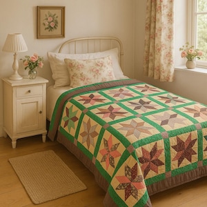 May include: A handmade quilt with a star pattern in shades of green, pink, and brown. The quilt is on a bed with a white headboard and a floral pillow. A small rug sits on the wooden floor.