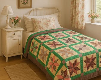 Trapunta vintage a stella a otto punte, trapunta patchwork fatta a mano anni '70, misura letto singolo, trapunta in stile folk calicò, biancheria da letto rustica da cottage, Nuova Scozia