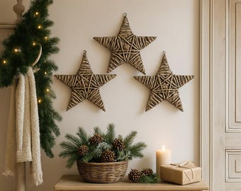Set of 3 Vintage Wicker Stars with Aged Patina, Rustic Grey Rattan Wall Decor, Handwoven Natural Christmas or Home Decoration