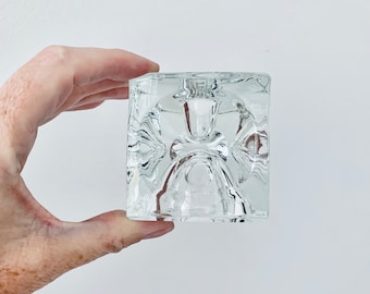 Vintage Glass Ice Cube Candle Holder by Rudolf Jurnikl – Sklo Union Czechoslovakia, 7x7x7 cm, Rare Mid-Century Home Decor