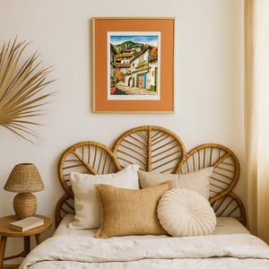 Aquarelle originale signée Reyes | Scène de village méditerranéen | Cadre doré avec passe-partout orange | Art déco mural vintage