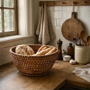 May include: A woven wicker bread basket filled with a round loaf and two baguettes sits on a wooden countertop. The basket is brown and has a textured pattern. The kitchen setting includes a wooden cutting board, utensils, and a window.