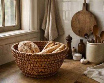 Cesta de palha francesa vintage, tigela de pão trançada à mão, decoração rústica para cozinha de fazenda, fruteira de fibra natural estilo wabi sabi.