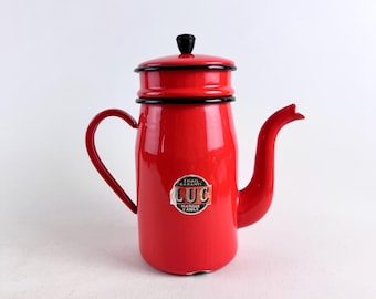 Vintage French Red Enamel Coffee Pot LUC Marque L’Aigle – Mid Century Kitchen Decor, Collectible Enamelware