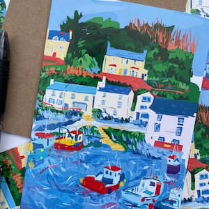 Handgetekende blanco kaart van de haven van Polperro in Cornwall / plastic gratis geïllustreerde havenscène van Cornwall / illustratie van de haven van Polperro