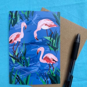 Handgezeichnete süße rosa Flamingo Geburtstagskarte / Tropische Vögel / Plastikfrei