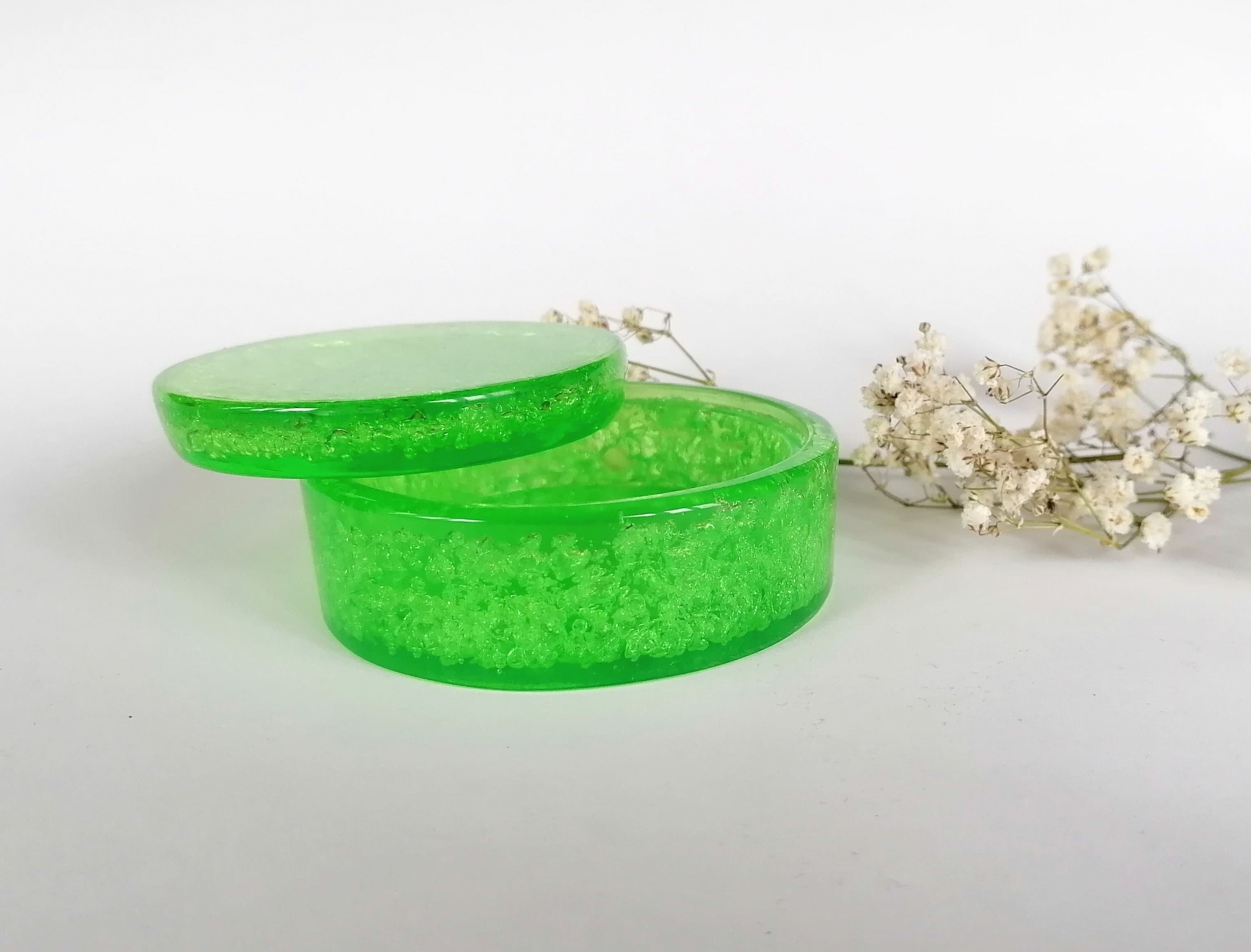 Bright Green Glass Imitation Round Box. Small Plastic Jewelry Box. Stained Glass Effect Box