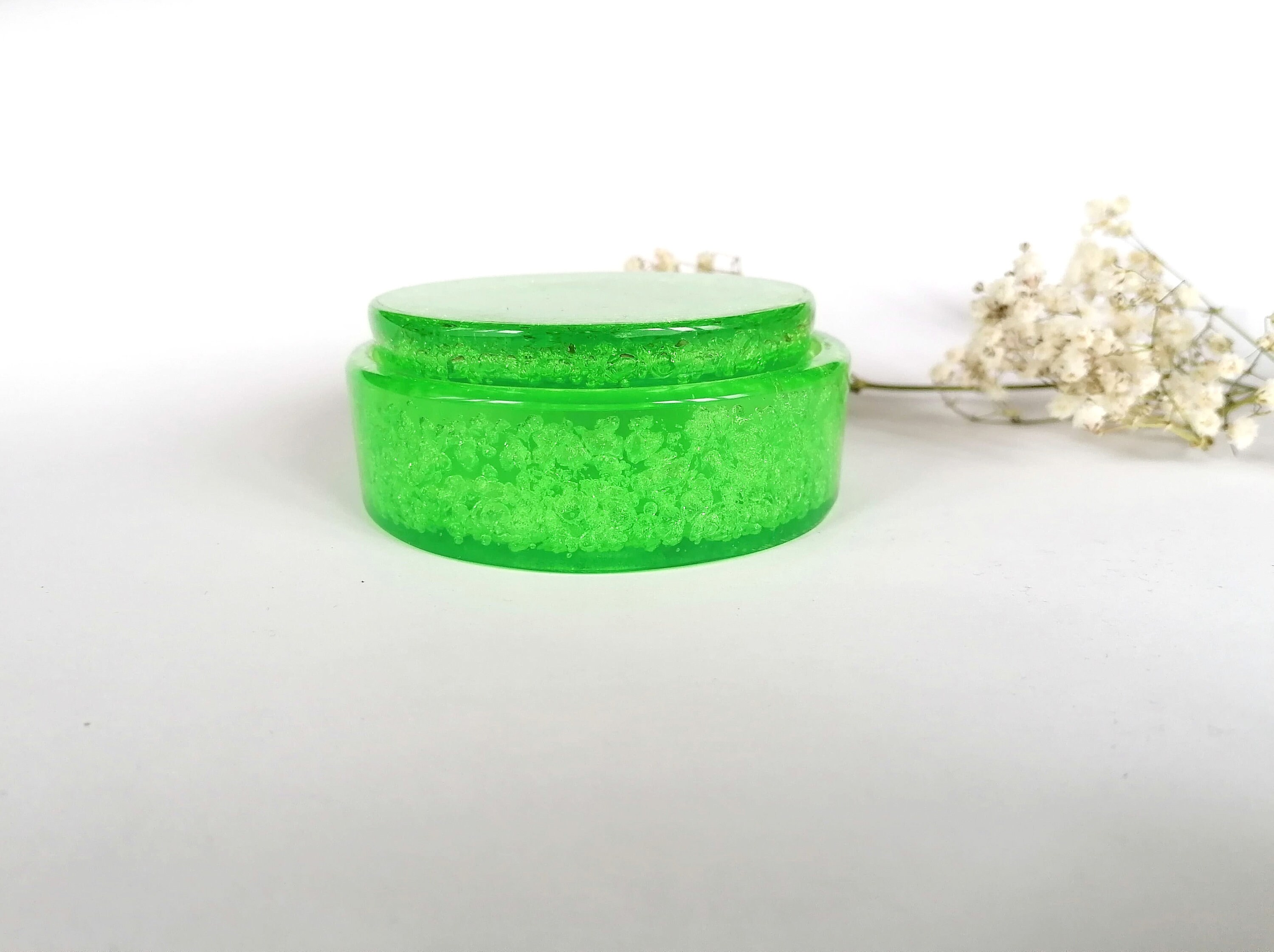 Bright Green Glass Imitation Round Box. Small Plastic Jewelry Box. Stained Glass Effect Box