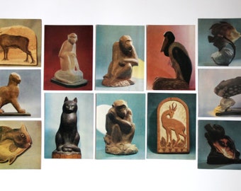 Grande carte postale vintage, peintre V.A. Vatagin/Ensemble complet de 12/Carte d'art ancien des années 70/Couverture originale, Sculptures de chat, de poisson et de singe