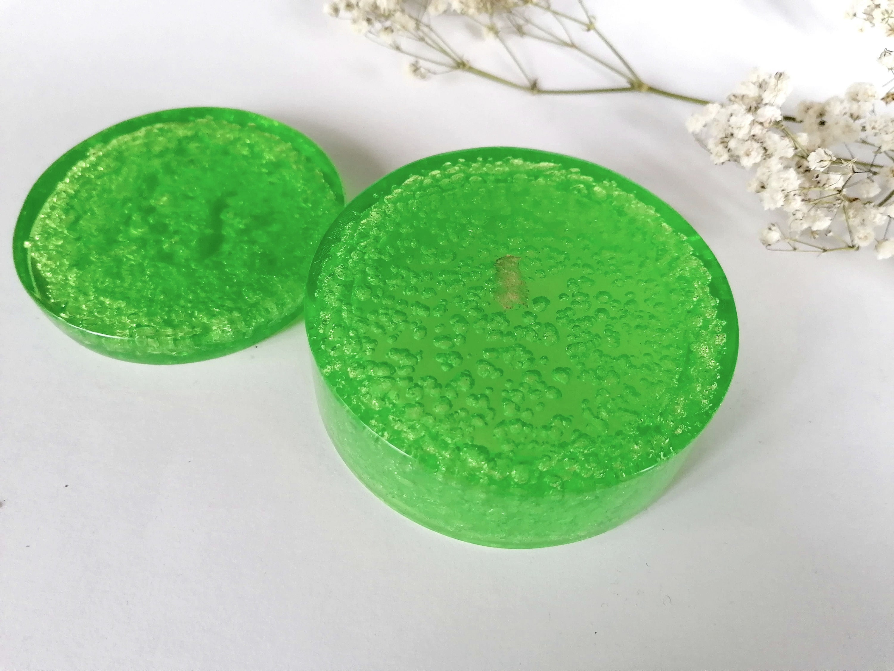 Bright Green Glass Imitation Round Box. Small Plastic Jewelry Box. Stained Glass Effect Box