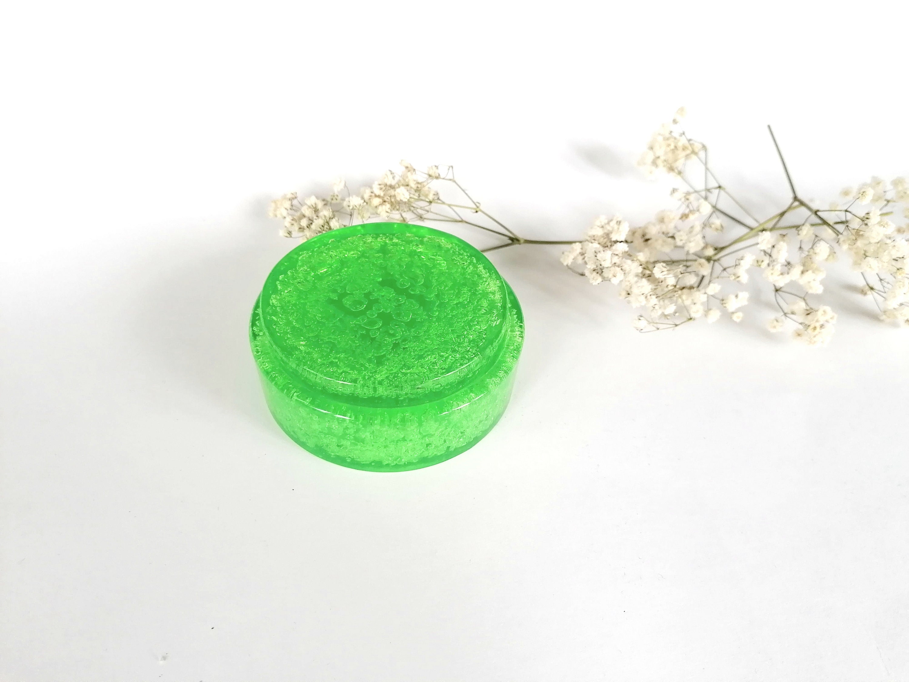 Bright Green Glass Imitation Round Box. Small Plastic Jewelry Box. Stained Glass Effect Box